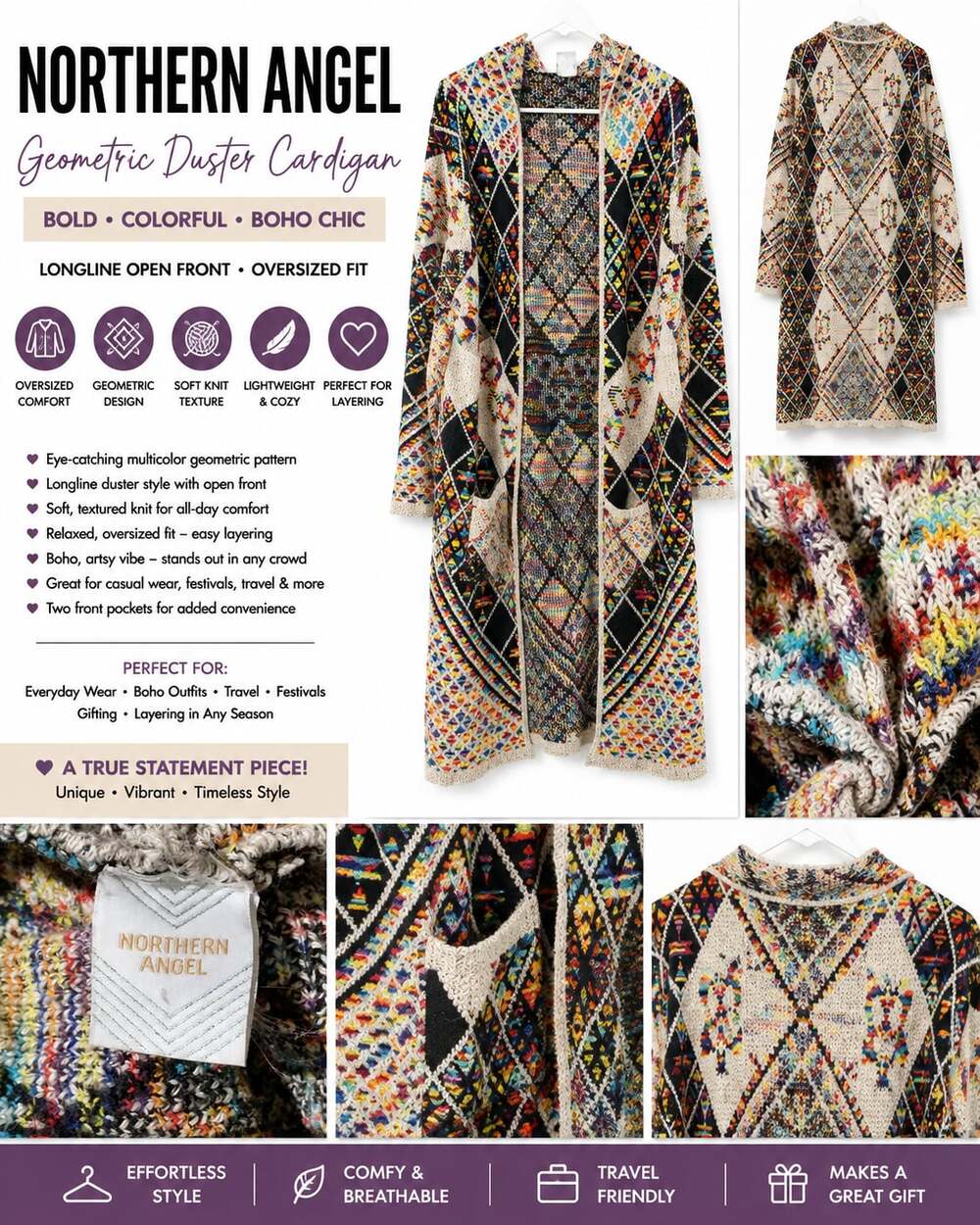 Northern Angel Geometric Duster Cardigan Longline Open Front Boho Chic